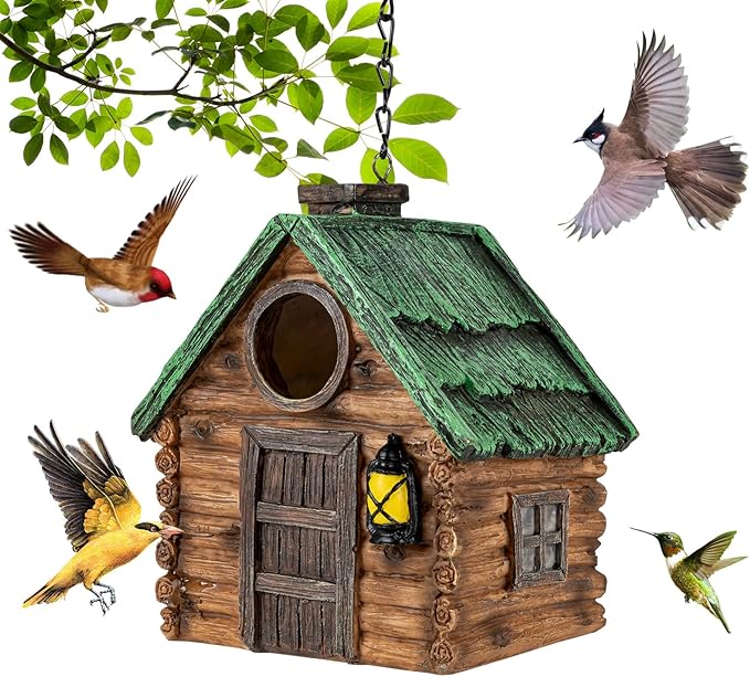 Bird House for Outside, Resin Bluebird House for Outdoors Finches, Cardinals and Yellow Finches Wild Bird Nesting, 5 Years Weatherable Decorative Stone Hanging Birdhouse for Yard Garden Decor
