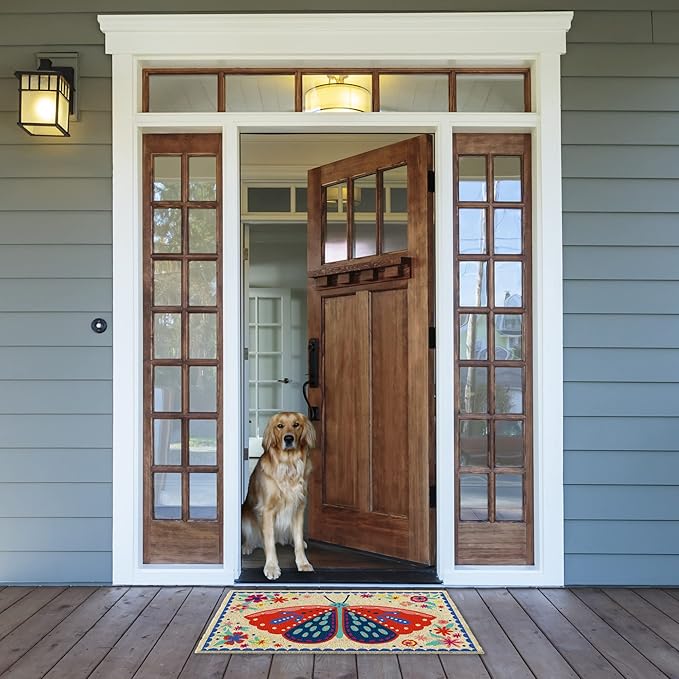 DII Natural Coir Doormat Outdoor Welcome Mat, 17x29, Folk Butterfly
