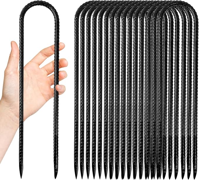 Anothera 16 Pack Steel Rebar Stakes, 12-Inch Heavy Duty U Hook Metal Fence Stake, Rustproof Ground Hooks Anchors for Tents, Plants, Fences and Trampolines