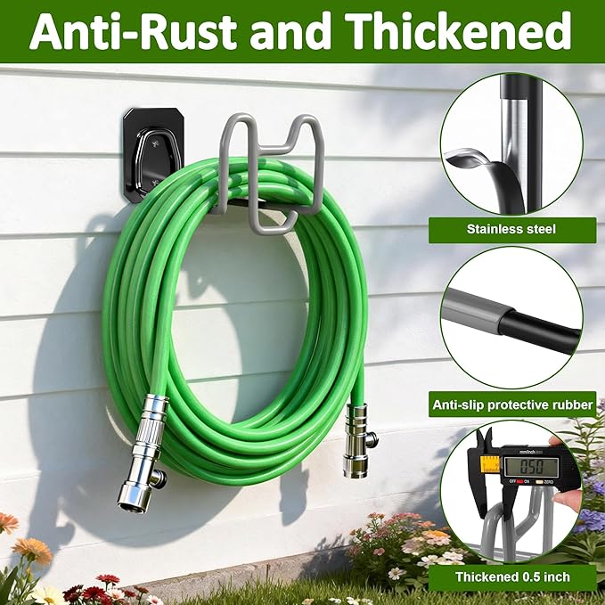 Garden Hose Holder with Hook - Heavy Duty Garden Hose Hanger with Sprayer Storage Design, Wall Mount Water Hose Storage for Outside Yard Lawn and Garage
