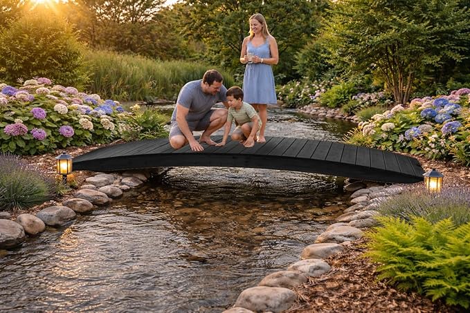12 FT BLACK Amish Made Pinewood Heavy Duty Garden Bridge for Walkway, Backyard Pond & Landscaping, Outdoor Wooden Footbridge for Koi Pond, Japanese Style Decorative Bridge, Made in USA