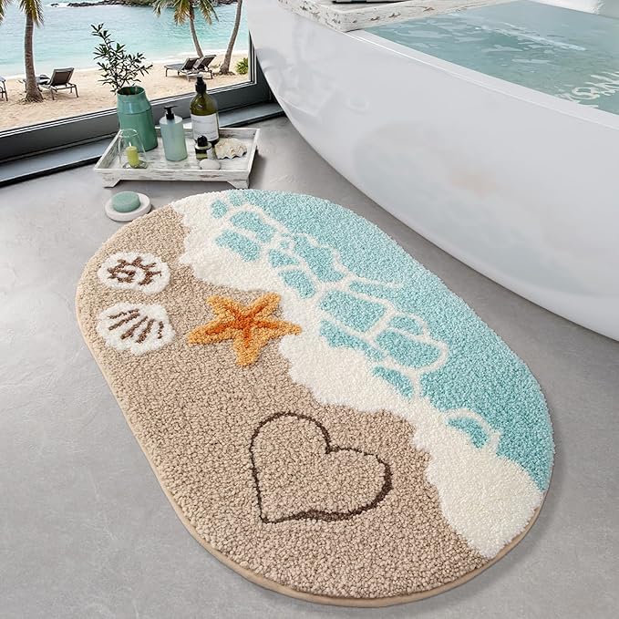 LUMI Soft and Absorbent Beach Bathroom Rug, Non-Slip Backing, Ideal for Bathroom, Kitchen and Entryway Decor, Sea Beach Starfish Shell Bath Decor, Azure Bay, 22"x34"