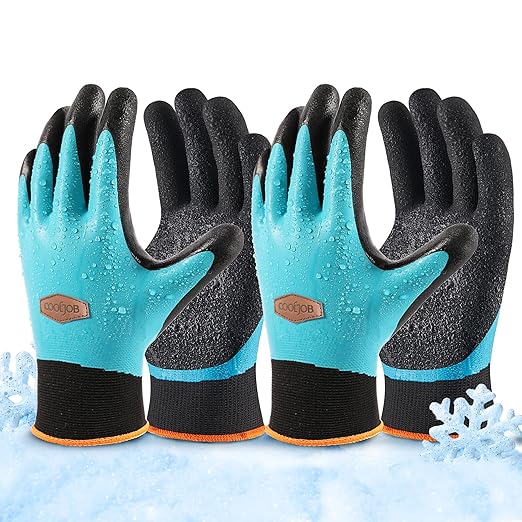 COOLJOB Waterproof Winter Freezer Gloves for Working Gardening Fishing Construction Worker, Double Coated Rubber for Warehouse Cold Refrigeration House, 2 Pairs Large Blue