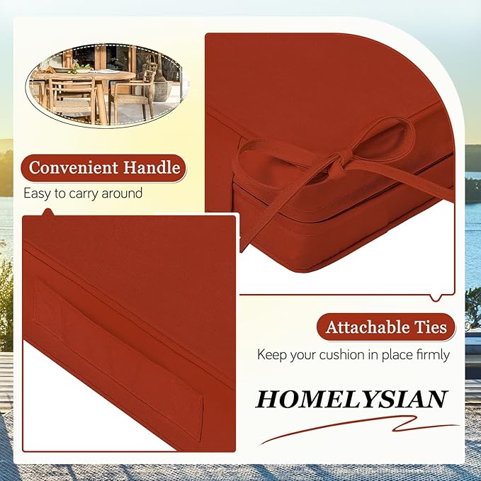Waterproof Outdoor Chair Cushions Set of 2, Square Outdoor Seat Cushions with Ties and Removable Covers, 24 x 24 Outdoor Cushions for Patio Furniture with Portable Handle(Rust)