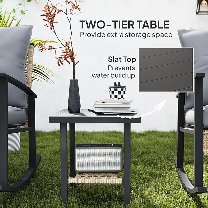 Outsunny 3 Pieces Rocking Wicker Outdoor Bistro Set, Rattan Patio Furniture Set with Coffee Table and Porch Chairs, Button Tufted Cushions for Backyard, Balcony, Garden, Gray