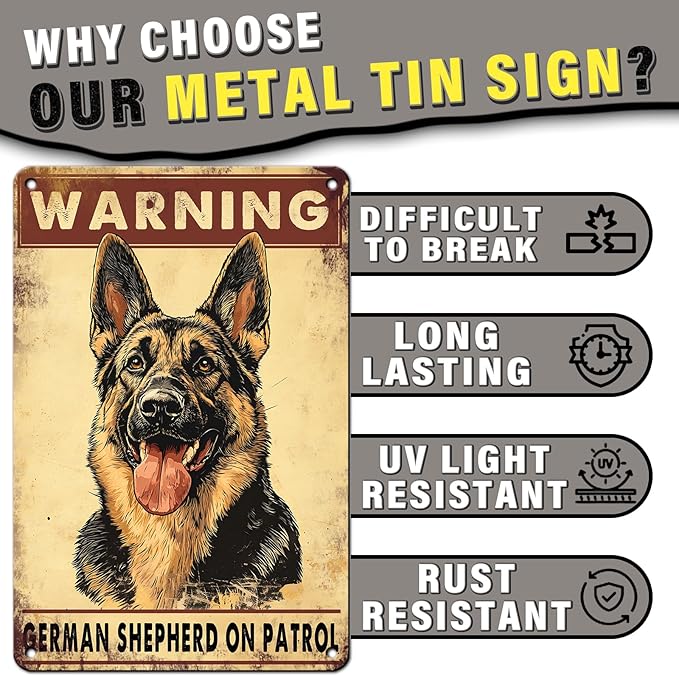 PEACHGARDEN Warning Vintage Metal Sign German Shepherd Signs Warning Beware Dog Tag Funny Plaque for Home Outdoors, Patio, Yard, Porch 8x12inch
