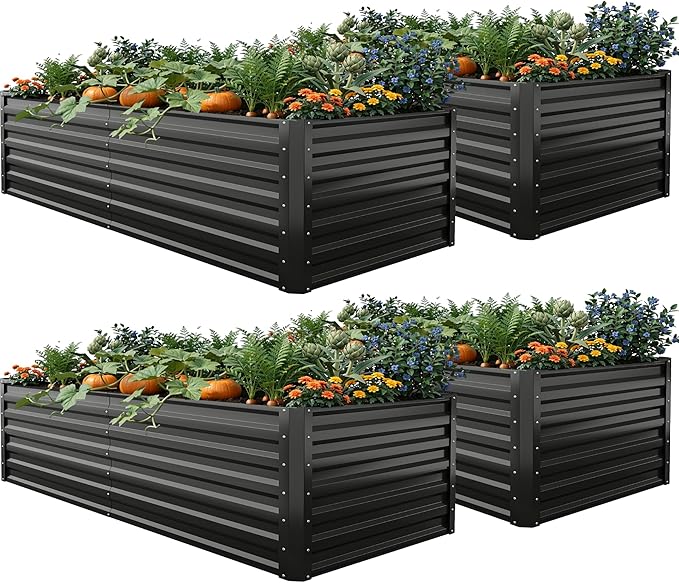 YITAHOME 6x3x2 ft 4pcs Galvanized Raised Garden Bed Kit, Large Metal Planter Box with Gloves & Support Rod, Outdoor Flower Bed for Plants Vegetables, Black