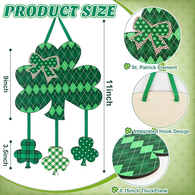 Wooden St. Patrick's Day Decoration Door Wreath for Front Door Sign Wall Signs Shamrock Clover Spring Decoration, Irish Sign Welcome Hanging for Home Wall Decor Party Outdoor Indoor Supply Shamrock