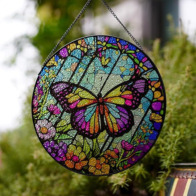 Generic Butterfly Stained Glass Suncatcher Artistic Window Hanging,7.8” Hand-Painted Glass Panel Wall Home Decor,Gift for Women Garden Decor Suncatcher, BL009