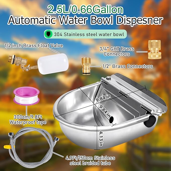 Automatic Water Dispenser for Dog,Stainless Steel Outdoor Dog Water Bowl Dispenser,Auto Refill Water Feeder for Chicken Horse Goat Livestock,Pipe and Brass Valve,1/2" to 3/4" GHT Adapter