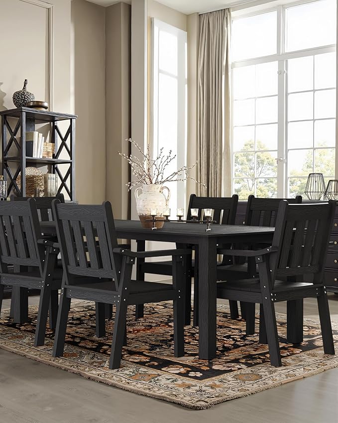 YEFU HIPS Patio Table Set: 7 Piece Outdoor Table and Chairs Dining Furniture Set with Umbrella Hole - Black Modern Plastic Dining Sets 6 Person for Outside Deck with Metal Aluminum Frame