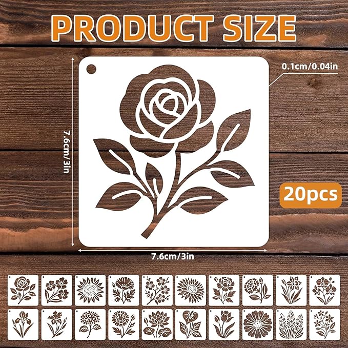 20pcs Flower Stencils for Painting, 3 Inch Reusable Sunflower Plant Botanical Floral Wildflower Templates for Wood Nature Fence Walls DIY Crafts T-Shirts Canvas & Floor Decor