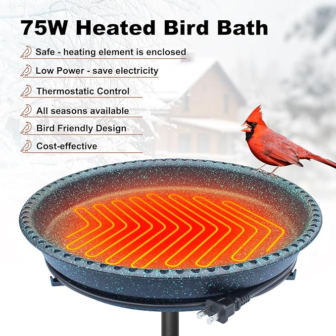 BIRD WISH Heated Bird Bath, Stable 5-Prong Metal Base Thermostat Control Weather Resistance All Seasons Available 75W Heated Bird Baths for Outdoors for Winter Garden Yard Patio Lawn, Spotted Green
