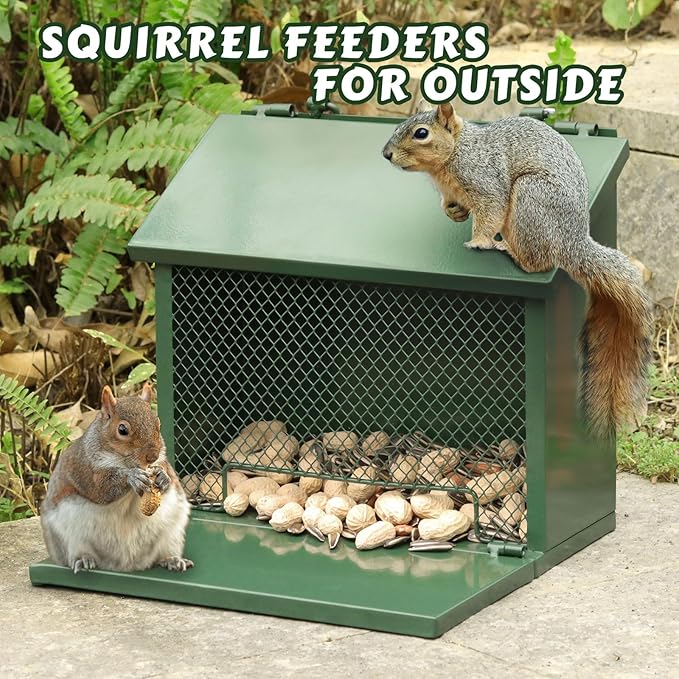 Metal Squirrel Feeder, Squirrel Feeders for Outside Hanging Nesting Box Chipmunk Picnic Table House Outdoors for Corn, Nut, Peanuts Green 1 Pack