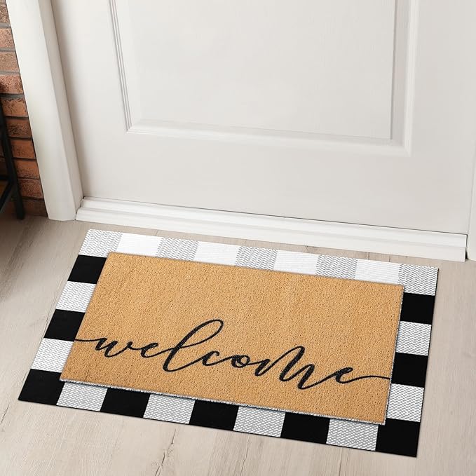 Tinideya 2 Pcs Door Mat Welcome Non Slip Coir Mats Black White Buffalo Plaid Checked Floor Layering Doormats Seasonal for Front Porch Entryway Decor(Welcome)