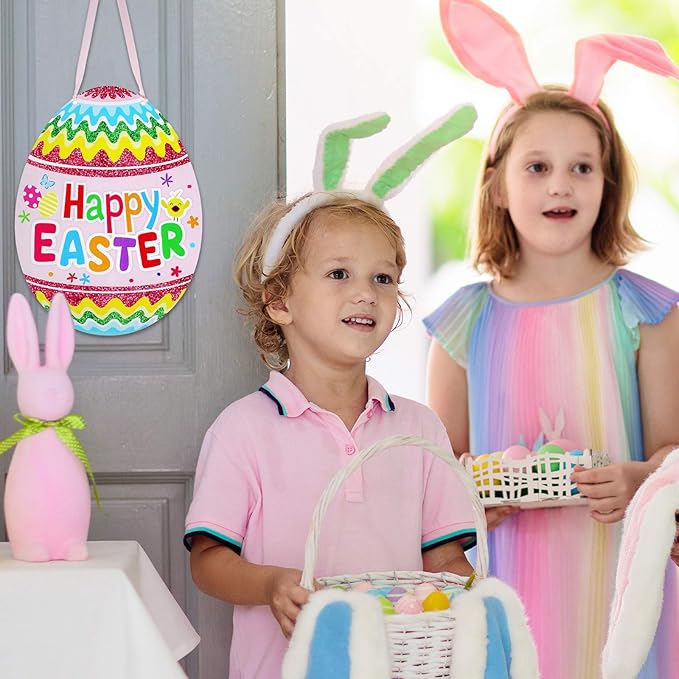 Jetec 2 Pieces Easter Door Decorations Glitter Happy Easter Egg Hunt Wooden Hanger Easter Egg Bunny Hanging Door Wall Welcome Sign for Home Indoor Outdoor Easter Decor Supplies