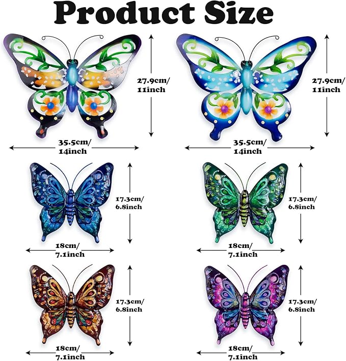 SUNREEK 6Pcs Metal Butterfly Wall Decor, 14Inch/7Inch Outdoor Butterfly Wall Art for Fence Garden Yard Room Patio Balcony Decorations