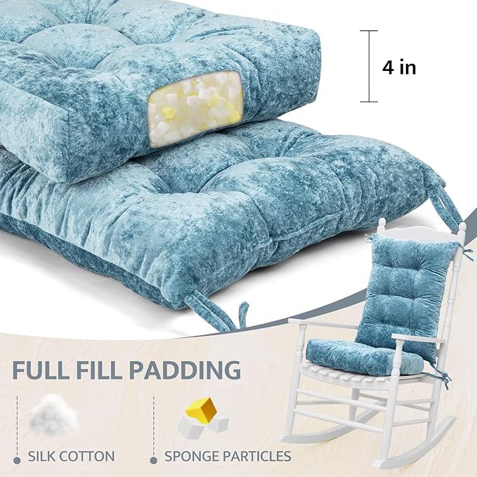 mudilun Rocking Chair Cushion Set - Non-Slip Tufted Rocking Chair Cushions with Ties Soft Indoor/Outdoor Wooden Rocking Chair Seat Pad for Porch Garden Cafe & Nursing