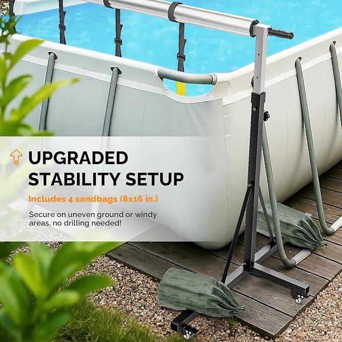 VINGLI 16 FT Pool Cover Reel for Aboveground Swimming Pools, Waterproof Aluminum Pool Solar Cover Reel with Adjustable Width & Height & Extra 4 Sandbags & Caster Wheels (2025 Version)