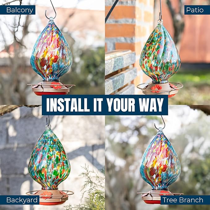 MEKKAPRO Glass Hummingbird Feeders for Outdoors 45oz, Decorative Feeder with Blown Stained Waterdrop Glass Design for Outdoors and Backyard, Easy Fill with 4 Nectar Feeding Flowers (Green)