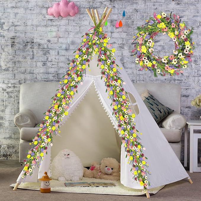 6 ft Artificial Wildflower Garland Wisteria Lavender Daisy Faux Floral Vine Summer Spring Floral Fake Garland All Year Round Home Decor for Indoor Outdoor Home Wedding Arch