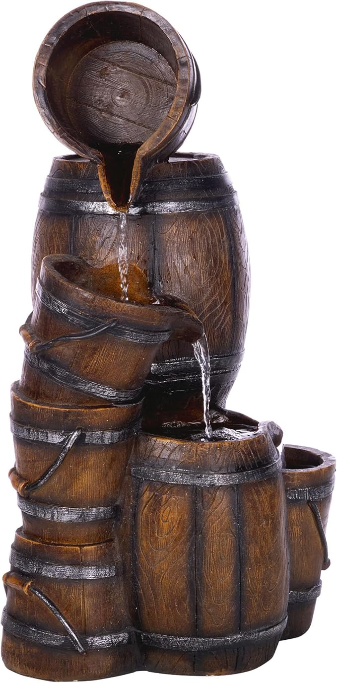 Alpine Corporation ZEN409S Outdoor Rustic 4-Tiered Barrels and Buckets Water Floor Fountain - Farmhouse Style, 24 Inch Tall, Brown