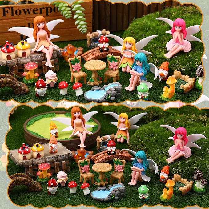 29Pcs Fairy Garden Accessories, Miniature Garden Ornaments Landscape Decorations Mini Fairy Figures Gnome Figure Animal Plant Furniture Set for DIY Terrarium Potted Plants Dollhouse Desk Decor