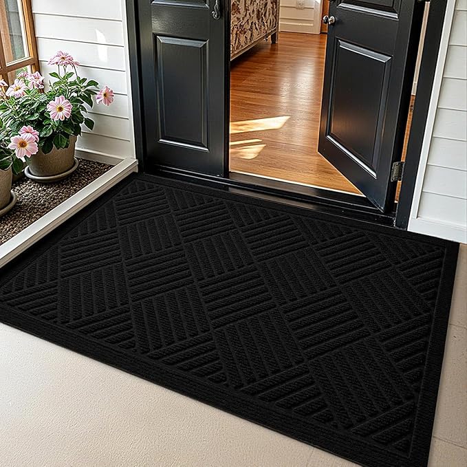 PLEASOR Front Door Mat Outside Entrance, Dirt Resistant and Absorbent Welcome Door Mat Outdoor Indoor, Sturdy Non-Slip Backing Entry Mat, Fade Resistant, Low Profile Doormat for Entryway, 36x24, Black