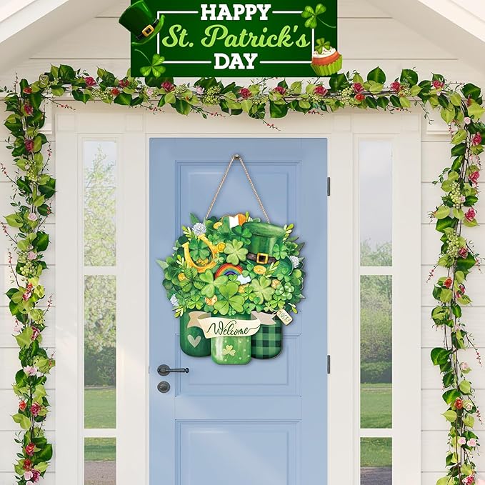 Boao St. Patrick's Day Welcome Sign Wooden Hanging Decor Farmhouse Rustic Door Decoration St. Patrick's Day Wreath Sign with Bow Ornament for Irish Home Indoor Outdoor Holiday Farmhouse Window