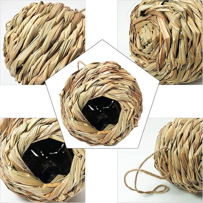 Humming Bird Houses for Outside Hanging, Natural Grass Hanging Bird Hut, Hand Woven Hummingbird Nest, Large Wren Finch Bird House for Garden Window Outdoor Home Decoration, 3 Pack