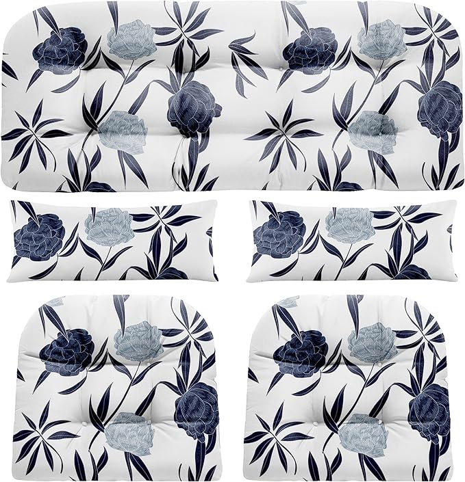 Wicker Chair Cushions of 5 Pieces, Waterproof Outdoor Loveseat Cushion for Wicker Furniture, 1 Love Seat Cushion, 2 U-Shape and 2 Lumbar Pillows for Patio Furniture (Blue Enchantress)