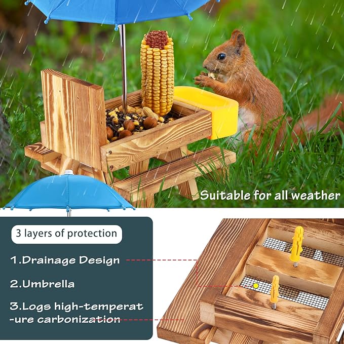 MIXXIDEA Wooden Squirrel Feeder Table with Water Bowl, Squirrel Picnic Table for Outside with Umbrella, Brown Squirrel Feeder with Corn Cob Holder Cute Chipmunk Feeder (Blue)