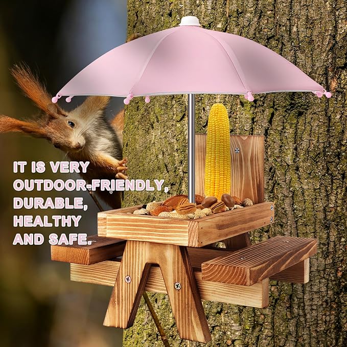 Gnodary Squirrel Feeder with Umbrella, Squirrel Feeders for Outside, Squirrel Picnic Table Feeder - Chipmunk Feeder Hold Corn, Corn Cob, Peanuts (Pink)