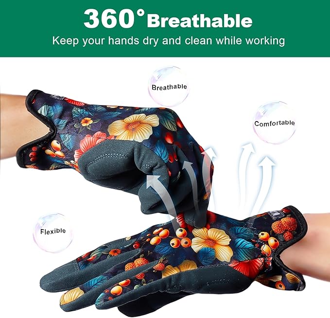 Gardening Gloves for Women, Flexible Breathable Garden Gloves, Leather Working Gloves for Weeding, Digging and Pruning (Flowers and Berries, Medium)