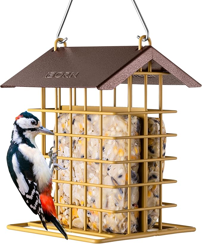 iBorn Suet Feeder for Outside Hanging,Suet Bird Feeders for Outdoors,Suet Holder with Squirrel Proof Hanger Hook,Suet Cage Bird Feeders,Woodpecker Feeder,Weatherproof Metal Roof,1 Pack,Muted Yellow