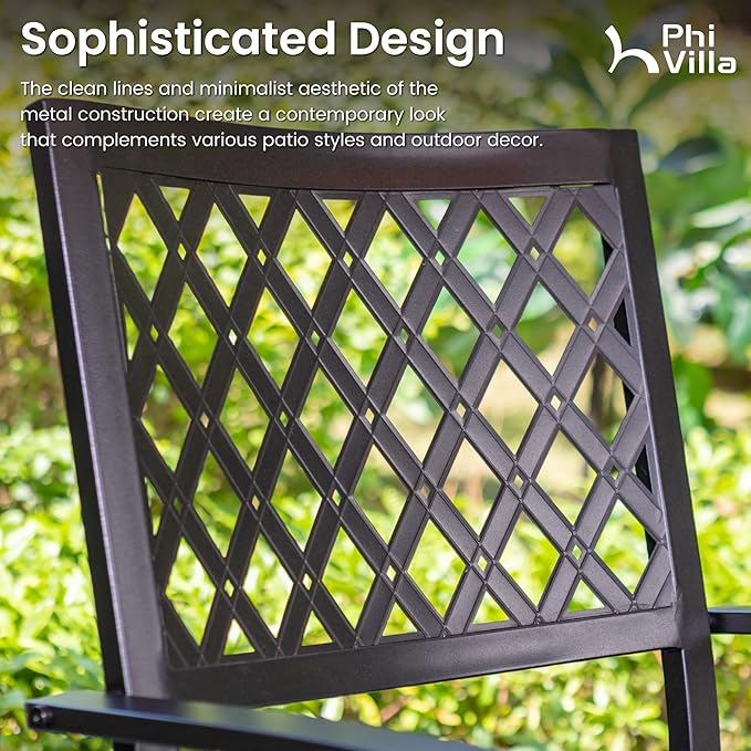 PHI VILLA 3 Piece Outdoor Bistro Set for 2, 22" Wrought Iron Square Table with Umbrella Hole & Swivel Metal Chairs, Small Furniture Conversation Set for Porch, Deck, Balcony, Patio, Yard - Black