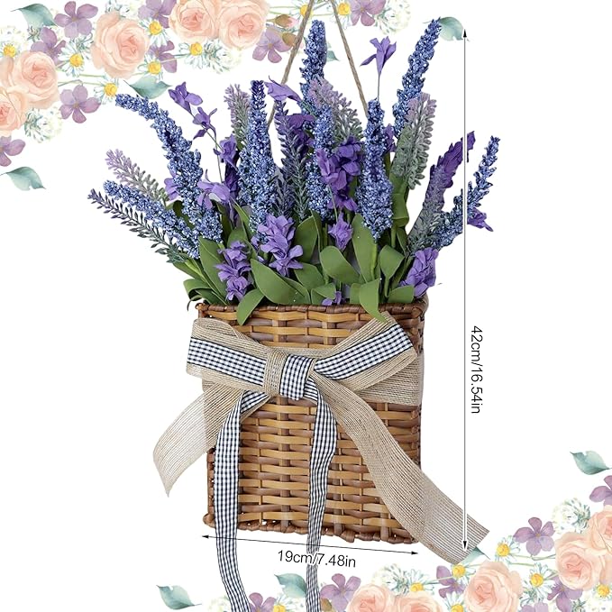 Purple Lavender Wreathes for Front Door, Spring Door Hanger Basket Wreath Artificial Hanging Basket Wreath with Green Leaves for Indoors Outdoor Decor Rustic and Farmhouse Purple Wreathes