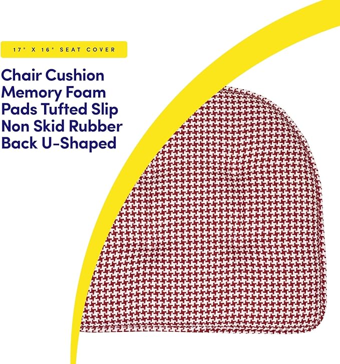 Sweet Home Collection Chair Cushion Memory Foam Pads Tufted Slip Non Skid Rubber Back U-Shaped 17" x 16" Seat Cover, 6 Pack, Houndsooth Red