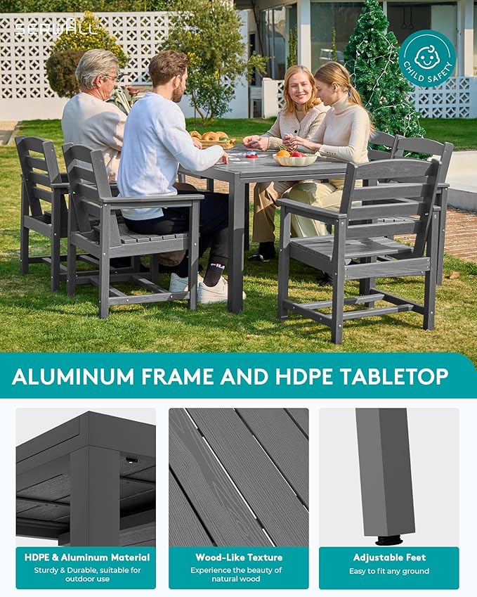 SERWALL 5-Piece Outdoor Table and Chairs, 60" - 83" Expandable Outdoor Dining Table with Aluminum Frame & HDPE Tabletop, All Weather HDPE Patio Furniture Set for Backyard, Garden, Grey