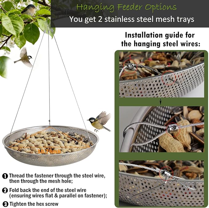 13-Inch Ground Bird Feeder, Stainless Steel Ground Feeding Platform for Wild Birds, Squirrels, Rabbits, Chicken with Additional Birdseed Feeder Tray, Attract Creatures for Backyard, Patio