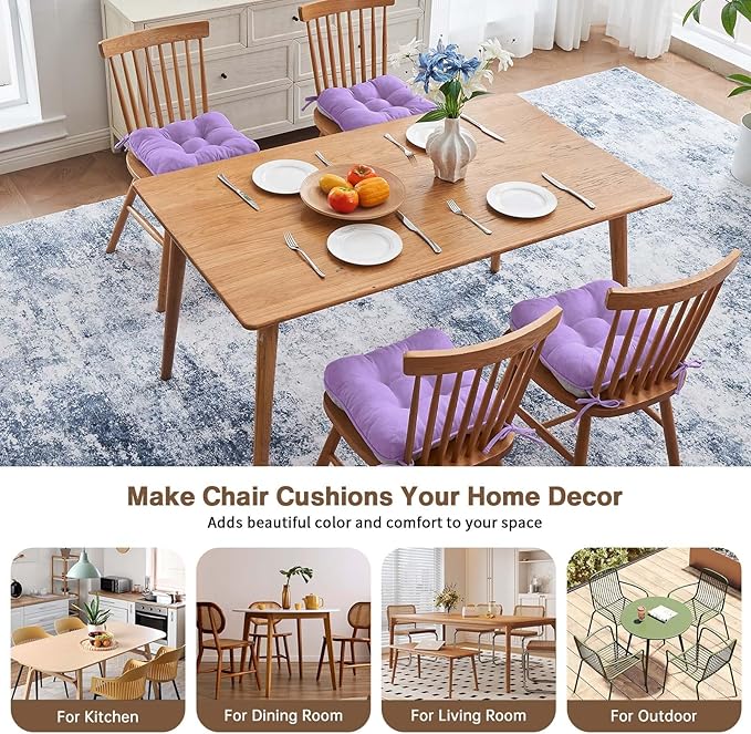 BETU Chair Cushions for Dining Chairs Set of 4,3.5" Thick Kitchen Table Chair Pads with Ties,Non Slip Backing and Covers, Seat Cushion for Dining Room,Bar,Patio Chairs,16"X16"X3.5",Purple