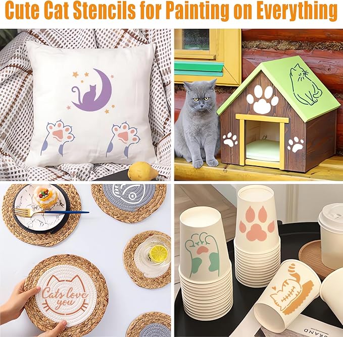Cute Cat Stencils for Painting, 64PCS 3 Inch Cat Theme Patterns - Reusable Animal Stencils for Crafts on Canvas, Wood, Glass & More