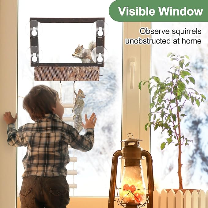 Enhon Window Squirrel Feeder, Metal Squirrel Feeders for Outside Winter with Strong Suction Cups & Ladders, Safe Funny Chipmunk Feeder, Feeding Shelter for Squirrels for Corn Peanuts