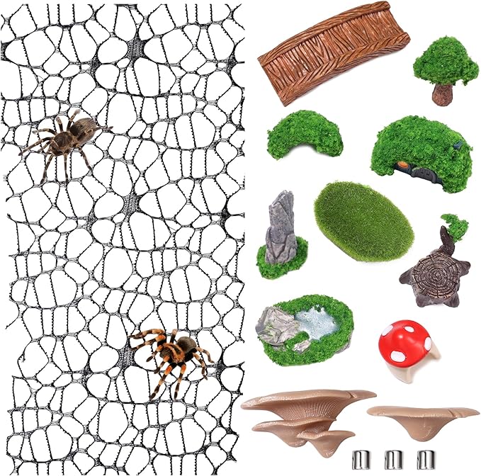 15 Pcs Jumping Spiders Hide Accessories, Jumping Spider Bridge Web Net, Mini Mountain Pond Trees Lawn Figurines Garden Mushroom Platform Decorations for Jumpings Spider Habitat Tank Enclosure Decor