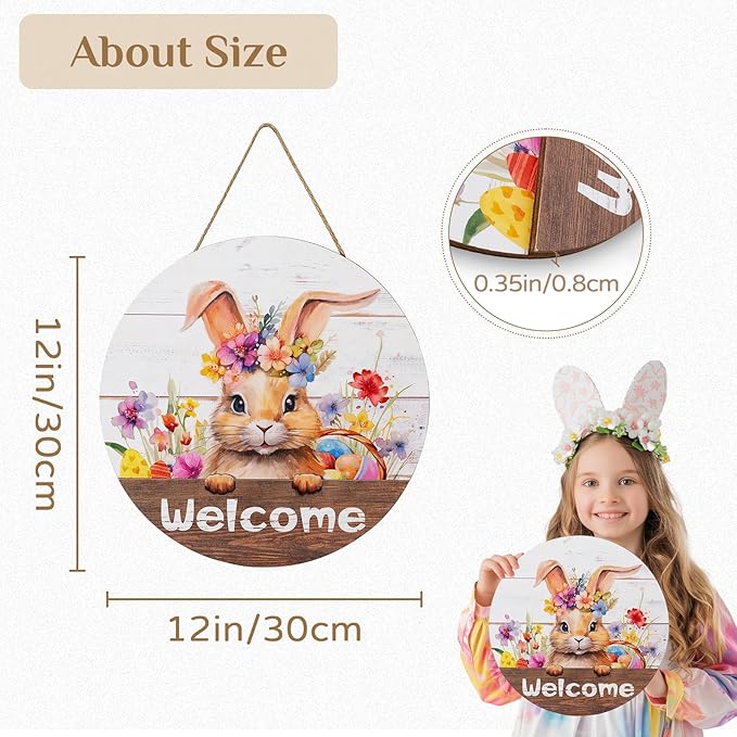 Easter Decorations for Front Door: Spring Wreath Bunny 3D Welcome Sign for Wall Decor Rabbit Wreaths Hanging