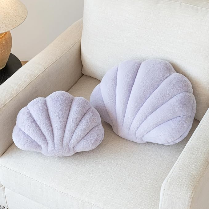 Shell Pillow, Seashell Throw Pillow with Soft Rabbit Plush for Couch Bed, Shell Shaped Decorative Ocean Pillow Stylish Beach Cushion Room Aesthetic Home Decor (Lavender Purple, 18 X 13 Inches)