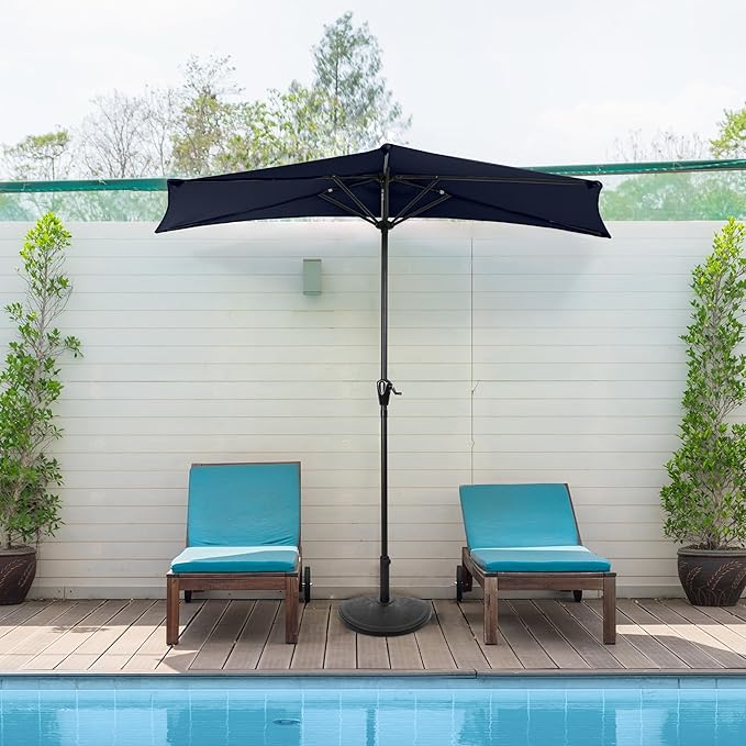 Half Umbrella Outdoor Patio Shade - 9 ft Patio Umbrella with Easy Crank - Small Canopy for Balcony, Table, or Deck by Pure Garden (Navy Blue)