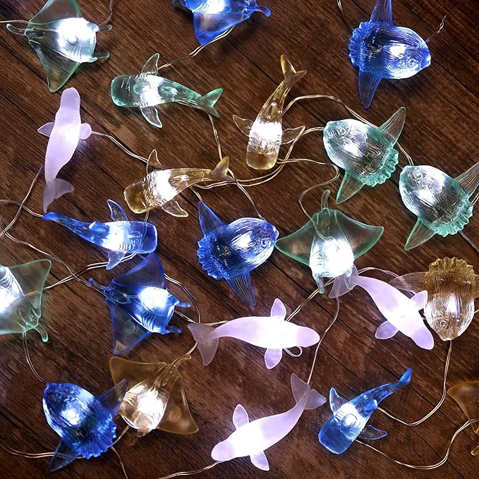 Nautical Solar Lights for Outside Sea Fish Outdoor Garden Decor Marine Fairy Garden Light Waterproof Whale Shark Mola Manta Ocean Solar Outdoor Decorative String Lights 14ft 40LED Patio Yard Decor