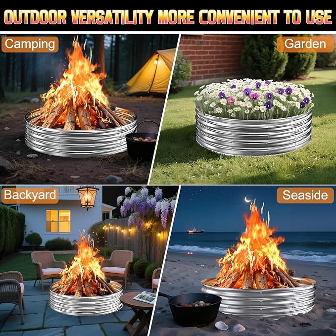 48 Inch Round Galvanized Fire Pit Ring/Fire Ring, Heavy Duty Wood Burning Fire Pits&Outdoor Fireplace,Perfect for Outdoor Gatherings and Campfires in The Yard/Garden/Park/Beach (4 FT Diameter, Silver)