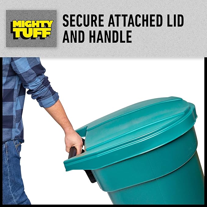 Mighty Tuff 50-Gallon Wheeled Trash Barrel - Large Outdoor Trash Can with Lid - Versatile, Durable and Convenient for Indoor or Outdoor Trash Bin